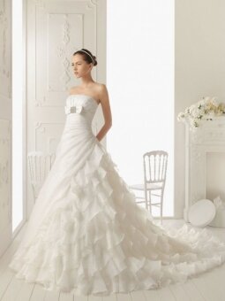 A-line Strapless Organza Court Train White Bow Wedding DressD00012156_DS