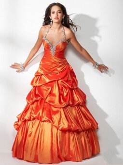 Ball Gown Halter Orange Beading Taffeta Floor-length Dress