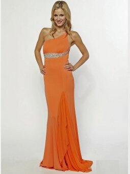 Sheath/Column One Shoulder Chiffon Floor-length Orange Beading Prom Dress
