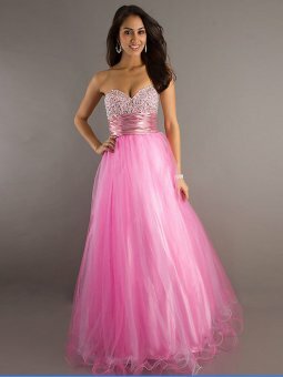 A-line Sweetheart Pink Beading Tulle Floor-length Dress