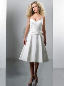A-line Spaghetti Straps Taffeta Hand Made Flower White Tea-length Dress (XFSRDS043)