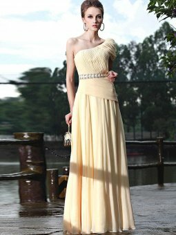 A-line One Shoulder Daffodil Ruffles Chiffon Floor-length Dress