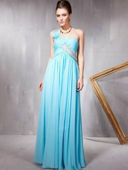 A-line One Shoulder Light Sky Blue Beading Chiffon Floor-length Dress