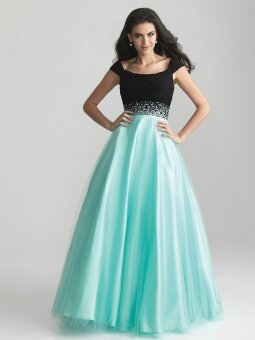 A-line Off-the-shoulder Tulle Satin Floor-length Beading Prom Dresses
