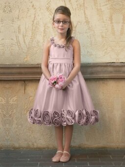 Scoop A-line Tea Length Flower Pink Taffeta Flower Girl Dress (FLGL0219)