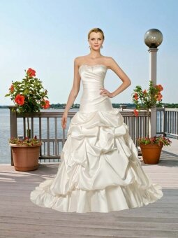 A-line Strapless Elastic Woven Satin Sweep Train Pick-Ups Wedding Dresses