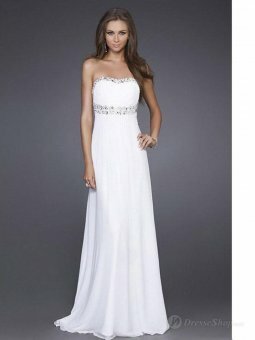 Empire Strapless White Beading Chiffon Floor-length Dress