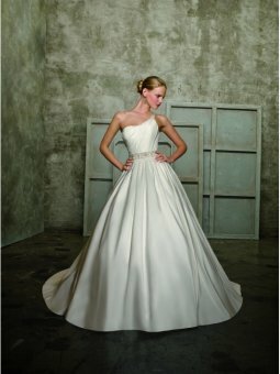 A-Line One Shoulder Crystal Beading Taffeta Chapel Train Wedding Dress
