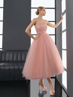 BallGown Strapless Pink Bowknot Tulle Tea-length Dress