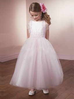 Bateau Ball Gown Ankle Length Lace Pink Tulle Flower Girl Dress (FLGL0051)