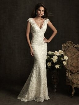 Trumpet/Mermaid V-neck Lace Satin Sweep Train Ivory Buttons Wedding Dresses