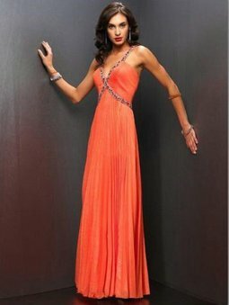 A-line V-neck Orange Beading Chiffon Floor-length Dress