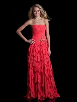 A-line Strapless Chiffon Floor-length Watermelon Tiered Evening Dress