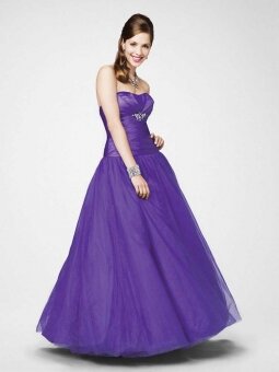 BallGown Sweetheart Tulle Satin Floor-length Purple Beading Prom Dresses