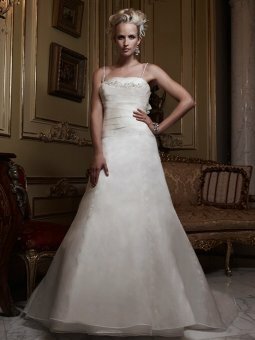 A-Line Strapless Embroidery Beading Organza Chapel Train Wedding Dress