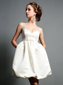 Ivory Empire V-neck Taffeta Belt Short Wedding Dress