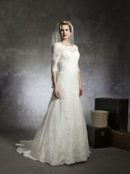 A-line Bateau Lace Satin Sweep Train White Buttons Wedding Dresses