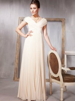 A-line V-neck Ivory Ruffles Chiffon Floor-length Dress