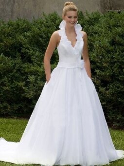 A-line Halter Organza Satin Court Train Flower(s) Wedding Dresses