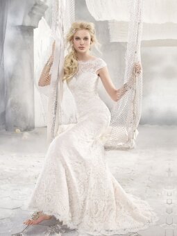Trumpet/Mermaid Bateau Lace Satin Floor-length White Buttons Wedding Dresses