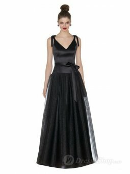 A-line V-neck Black Tulle Sash Floor-length dress