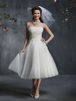A-line Strapless Tulle Floral White Tea-length Dress (XFSRDS028)