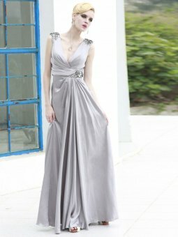 A-line V-neck Silver Beading Elastic Woven Satin Ankle-length Dress