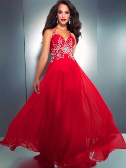A-line Halter Chiffon Floor-length Red Beading Prom Dresses