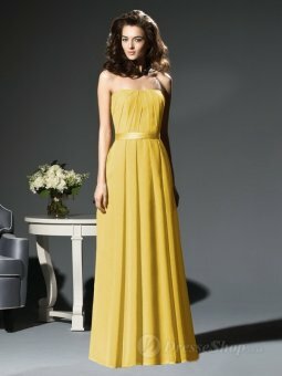 A-line Strapless Yellow Chiffon Pleated Floor-length dress
