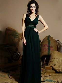 Sheath/Column V-neck Dark Green Beading Chiffon Floor-length Dress