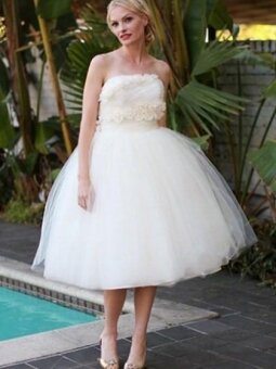 White A-line Strapless Tea Length Tulle Hand Made Flower Wedding Dresses