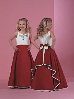 Scoop A-line Floor Length Ruffles Red Satin Flower Girl Dress (FLGL0009)