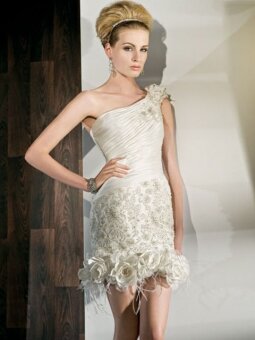 Sheath/Column One Shoulder Taffeta Tulle Short/Mini Flowers White Wedding Dresses