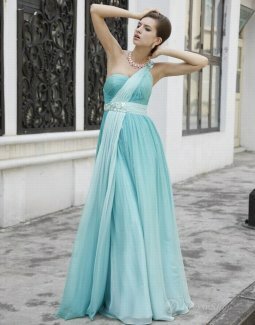 A-line One Shoulder Jeweled Pleating Chiffon Floor-length Dress