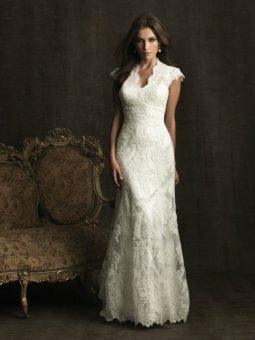 A-Line V-neck Flower Lace Chapel Train Wedding Dress