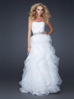 A-line Strapless Organza Floor-length White Tiered Evening Dress