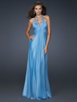 A-line Halter Chiffon Floor-length Blue Beading Evening DressD02021861