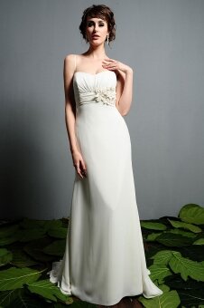 White Chiffon Floor Length Spaghetti Straps Hand Made Flower Empire Beach Wedding Dress