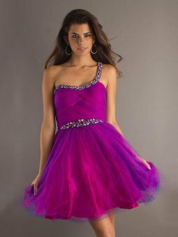 A-line One Shoulder Lilac Beading Tulle Short/Mini Dress