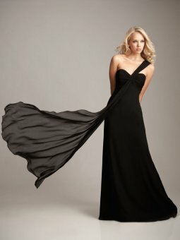 A-line One Shoulder Black Taffeta Pleated Floor-length dress