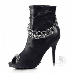 black sheepskin peep toe metal chain stiletto Sandal