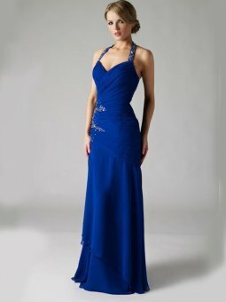 Sheath/Column Halter Royal Blue Ruffles Chiffon Floor-length Dress
