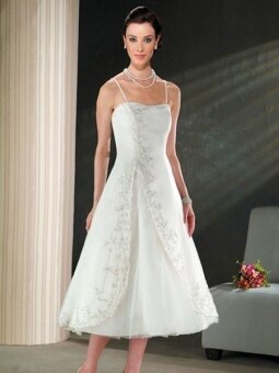 A-line Spaghetti Straps Organza Crystal Lace White Tea-length Dress (XFSRDS044)