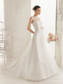 A-line Jewel Satin Lace Chapel Train White Flowers Wedding Dress