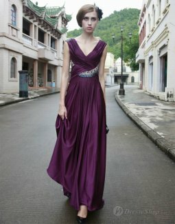 Sheath/Column V-neck Jeweled Pleating Satin Floor-length Prom Dress