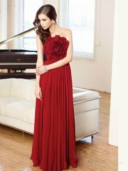 Sheath/Column Strapless Hand-Made Flower Chiffon Floor-length Dress