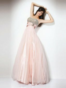 A-line Strapless Pink Beading Tulle Floor-length Dress