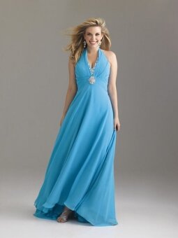 Chiffon Halter Brooch A-line Blue Floor-length Plus Size Dress(DSPLZD043)