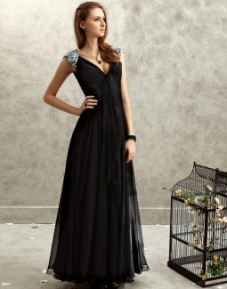 A-line V-neck Sequined Gathered Chiffon Floor-length Dress