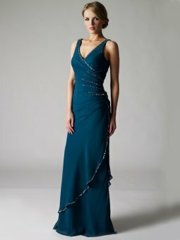 Sheath/Column V-neck Emerald Beading Chiffon Floor-length Dress